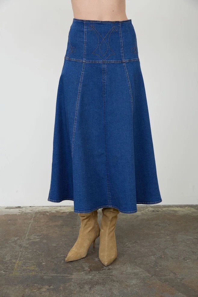 Moon River Denim Midi Skirt - Capri by Sunset & Co.