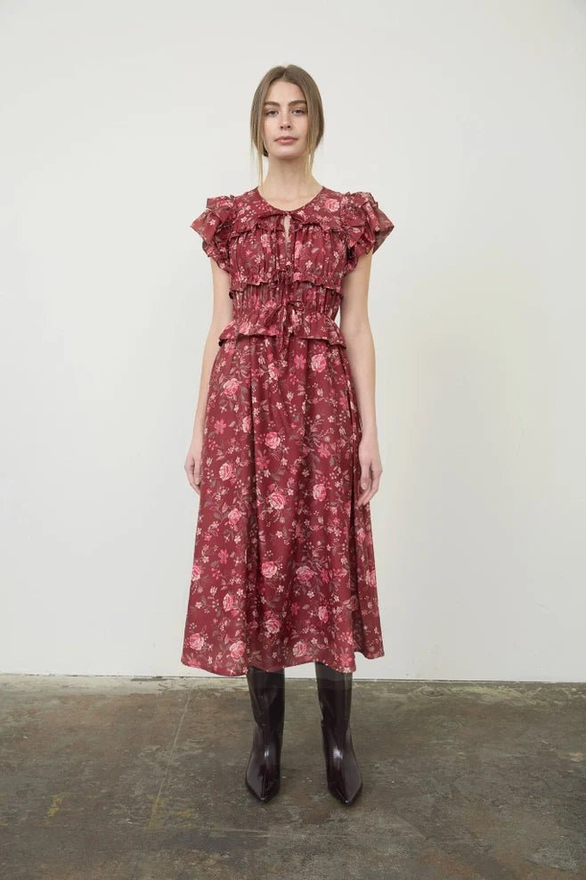 Moon River Ruffle Detail Midi Dress - Capri by Sunset & Co.