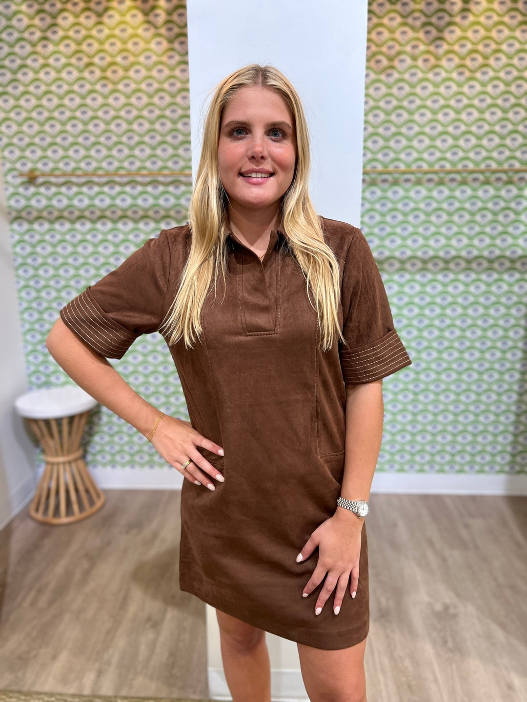 THML Short Sleeve Collared Suede Dress - Capri by Sunset & Co.