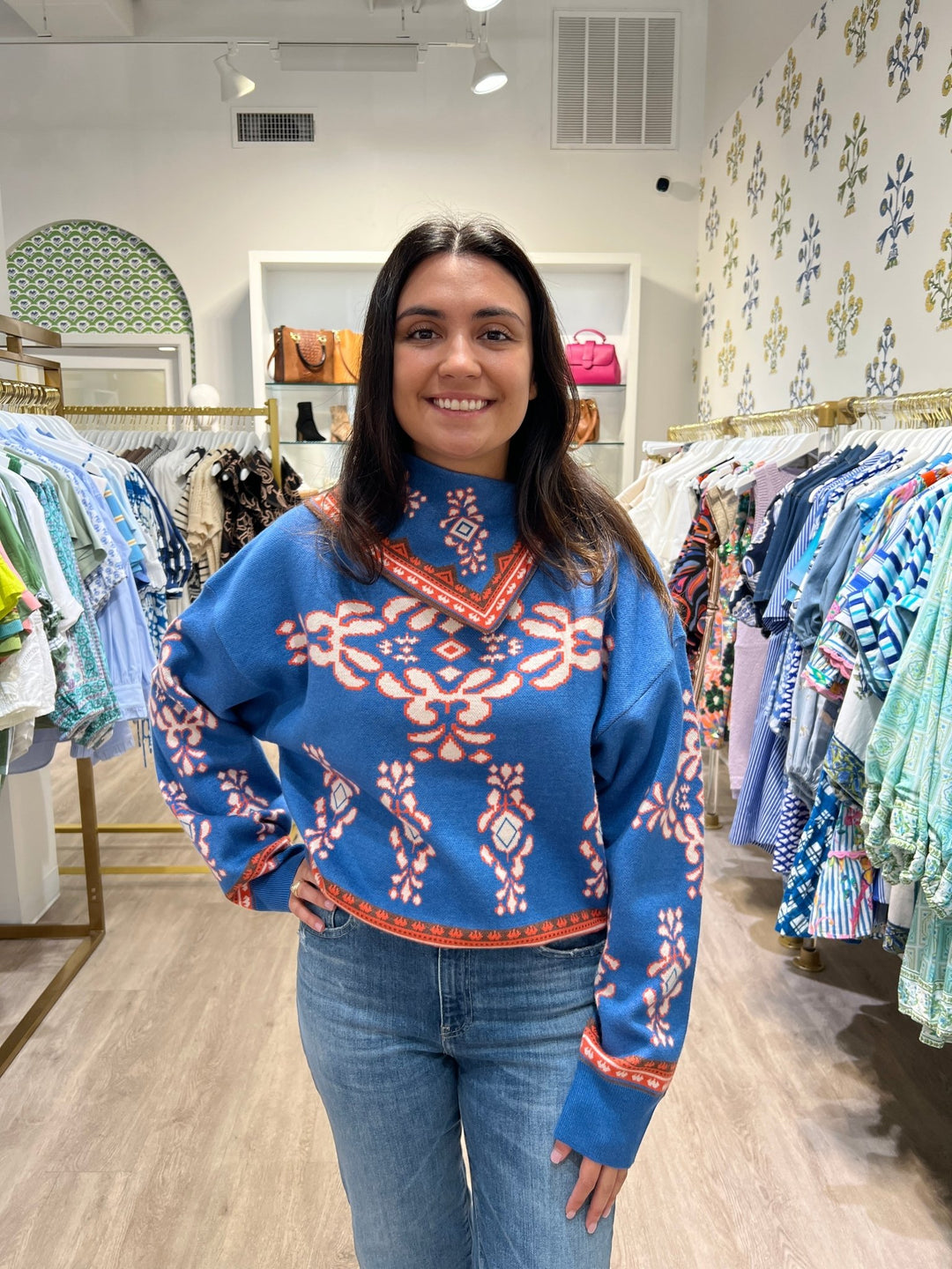 THML Long Sleeve Print Sweater - Capri by Sunset & Co.