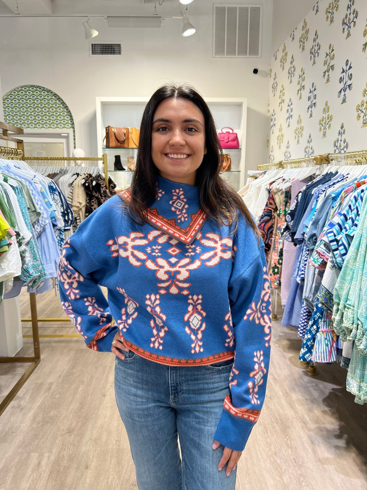 THML Long Sleeve Print Sweater - Capri by Sunset & Co.