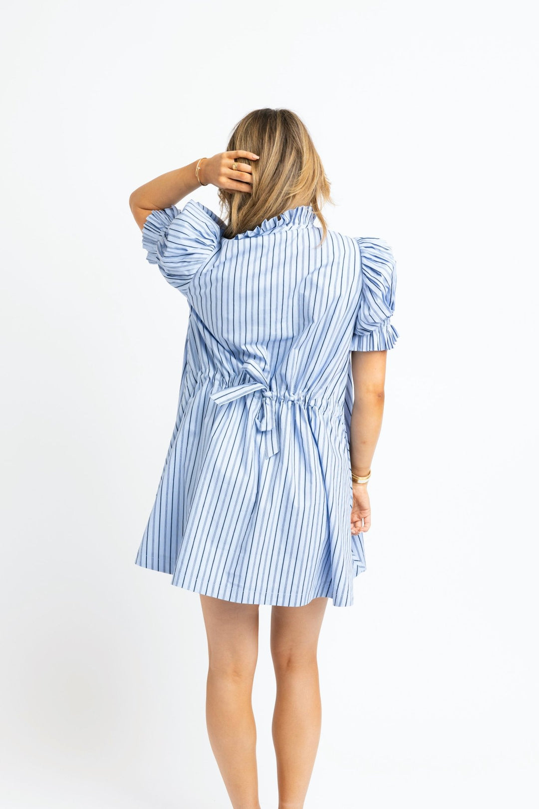 Karlie Stripe Poplin Pleat Sleeve Shirt Dress - Capri by Sunset & Co.