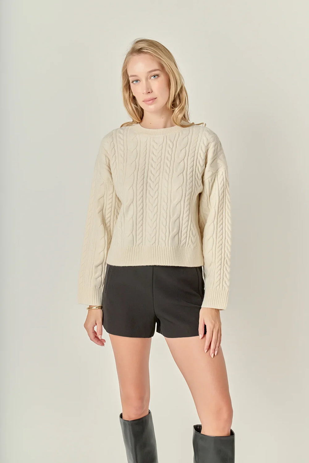 English Factory Crewneck Cable Sweater - Capri by Sunset & Co.
