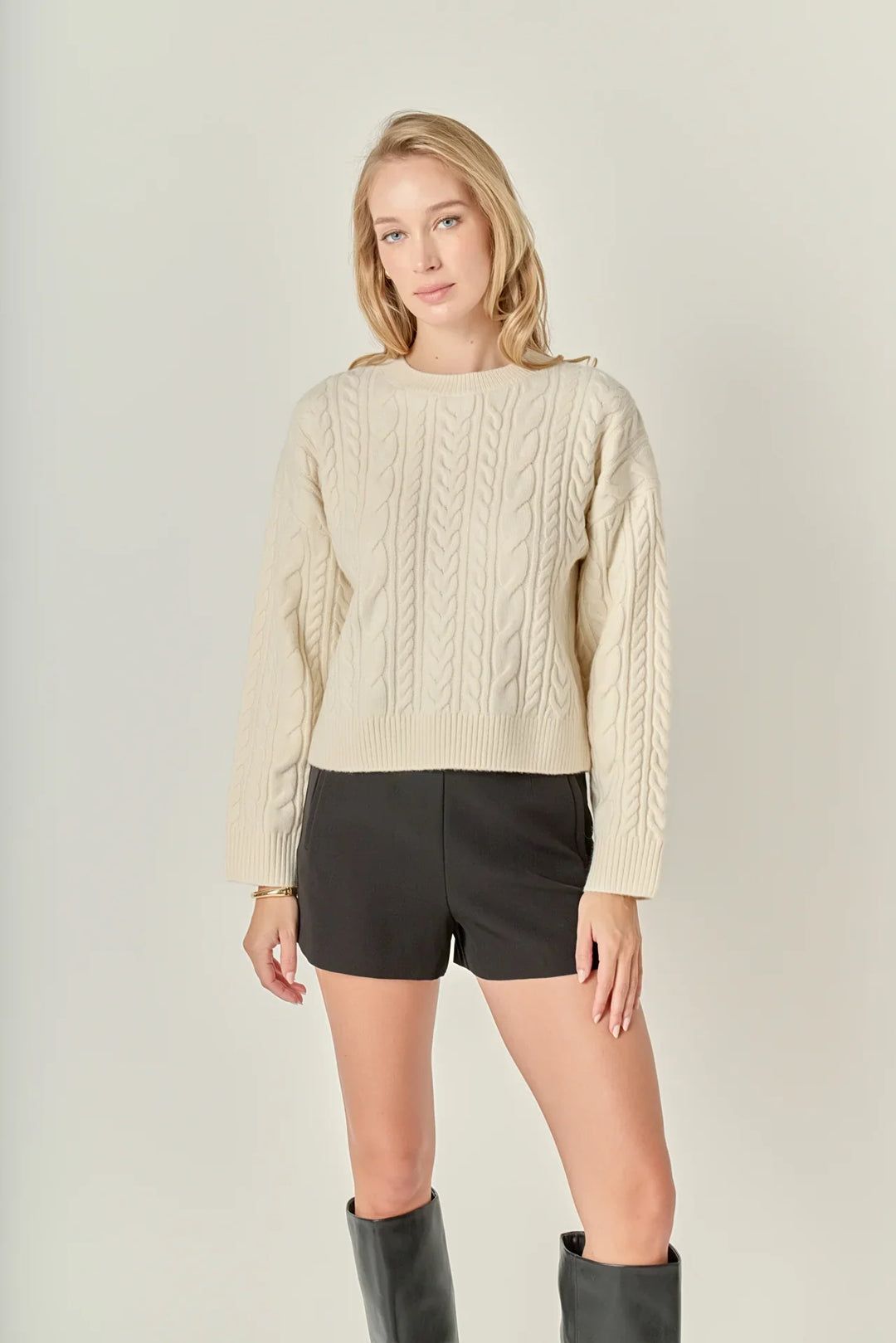 English Factory Crewneck Cable Sweater - Capri by Sunset & Co.