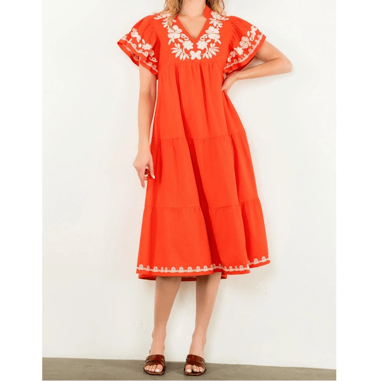 THML Flutter Sleeve Embroidered Dress - Capri by Sunset & Co.