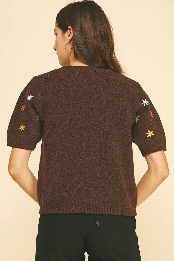Pinch Floral Embroidered Short Sleeve Sweater