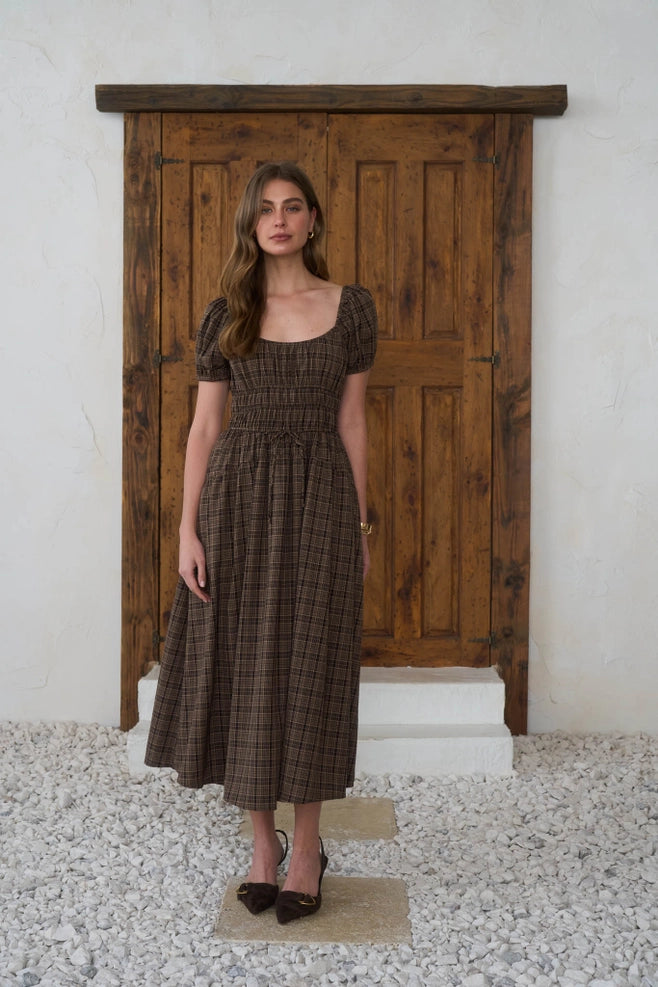 Moon River Shirred Puff Sleeve Midi Dress