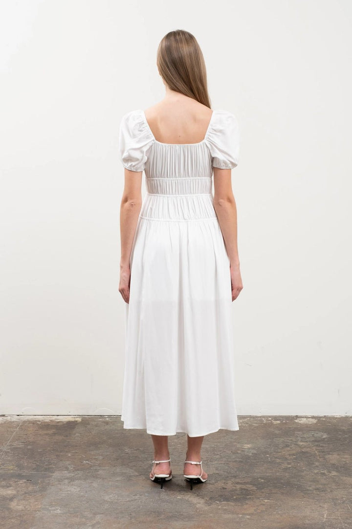 Moon River Puff Sleeve Tiered Midi Dress - Capri by Sunset & Co.
