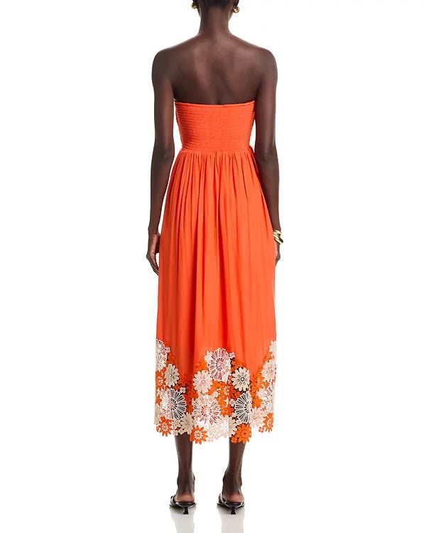 strapless orange midi dress Orange Micro Ruffle Strapless Midi Dress