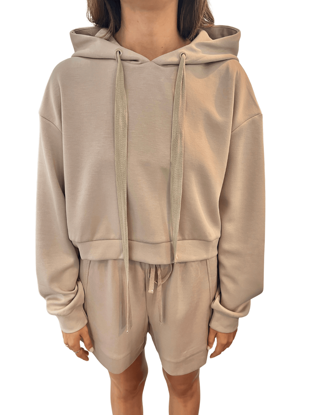 P. Cill Cropped Drawstring Hoodie - Capri by Sunset & Co.