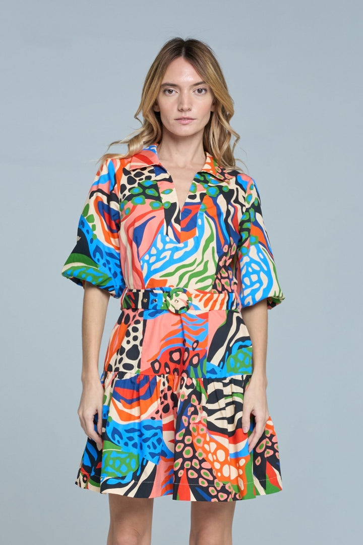 CIEBON Azula Printed Bubble Sleeve Mini Dress - Capri by Sunset & Co.