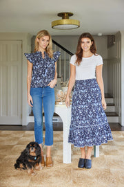 Batik Print Smocked Waist Midi Skirt - Navy