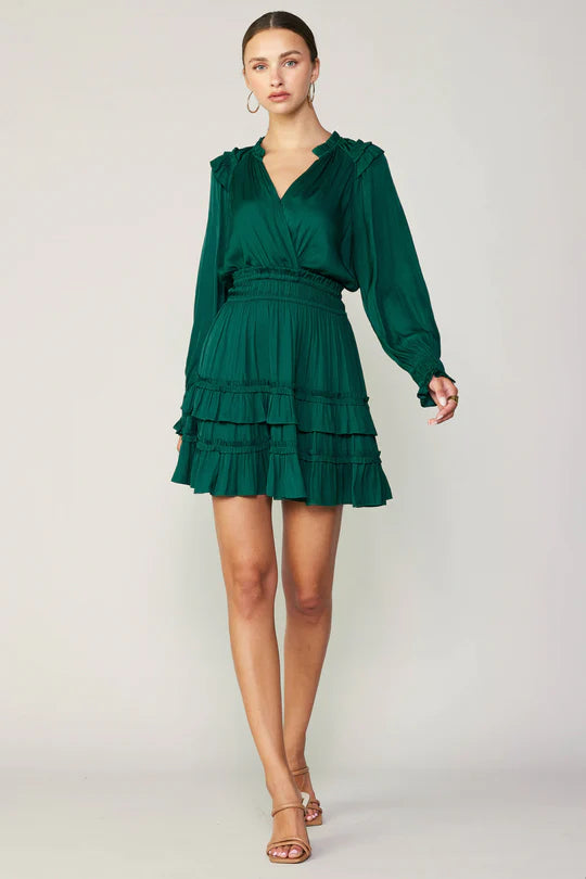 Autumn Ruffled Mini Dress - Emerald Green