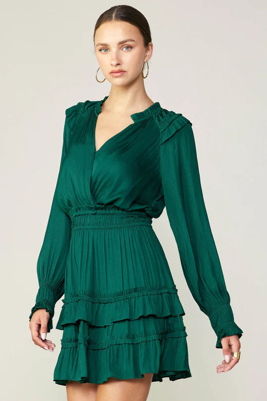 Autumn Ruffled Mini Dress - Emerald Green