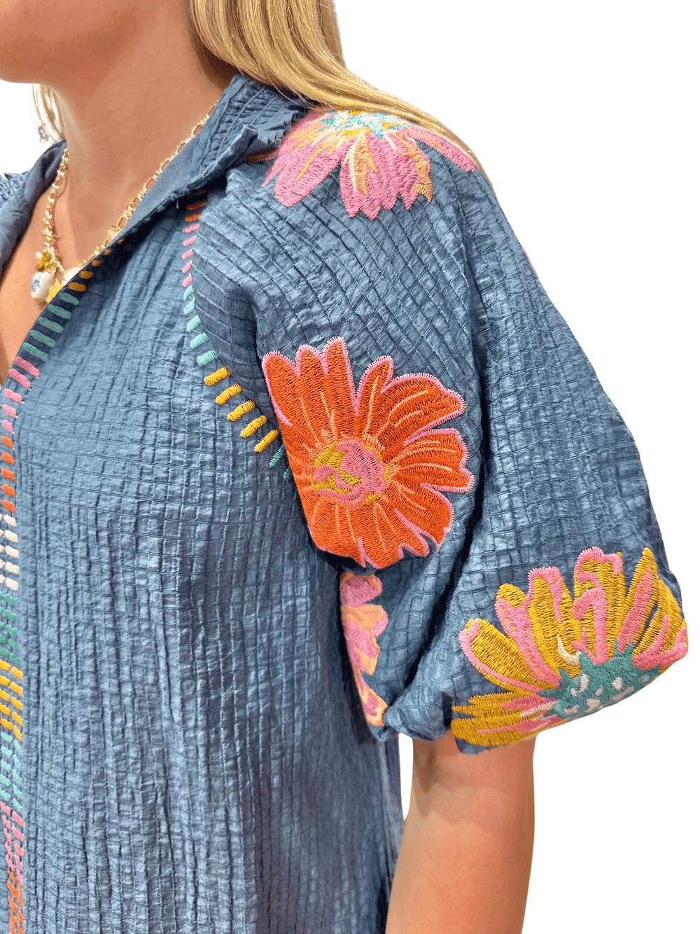 THML Embroidered Puff Sleeve Top - Capri by Sunset & Co.