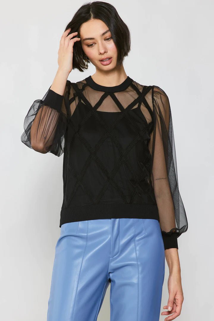 Current Air Sheer Crosshatch Cami - Lined Top - Black - Capri by Sunset & Co.