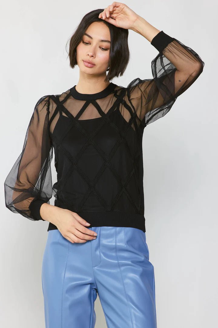 Current Air Sheer Crosshatch Cami - Lined Top - Black - Capri by Sunset & Co.