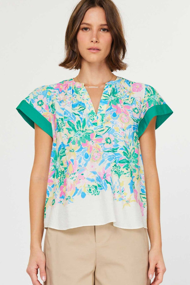 Current Air Short Sleeve Split Neck Blouse - Capri by Sunset & Co.