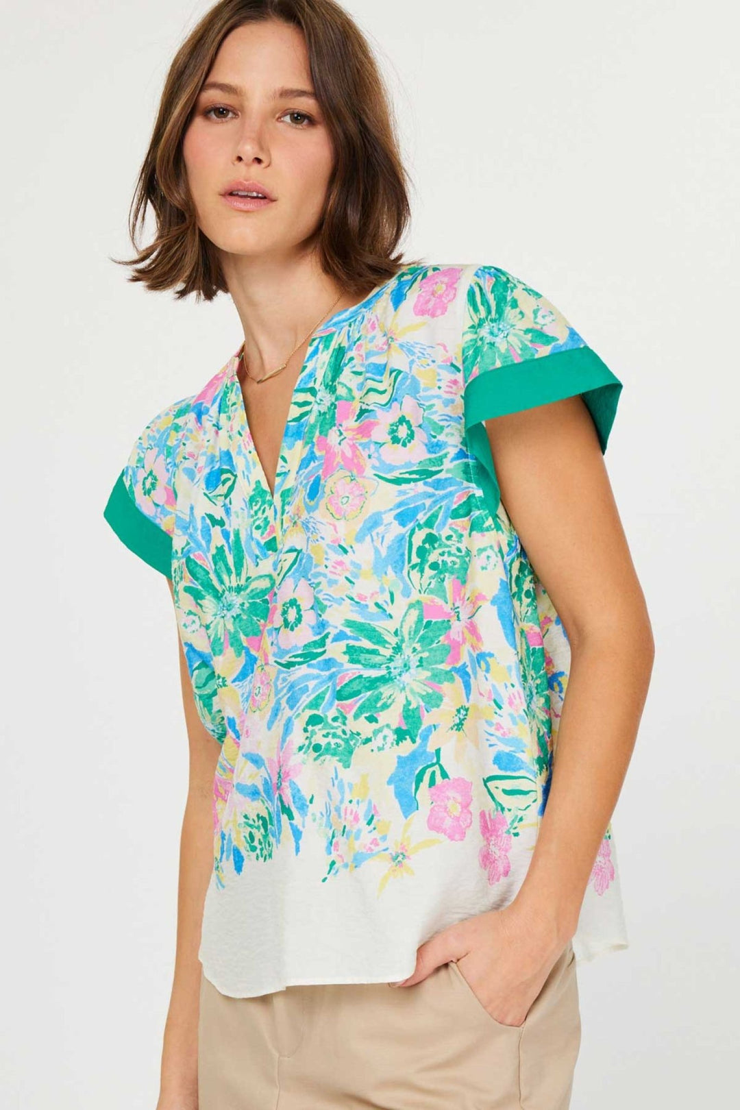 Current Air Short Sleeve Split Neck Blouse - Capri by Sunset & Co.