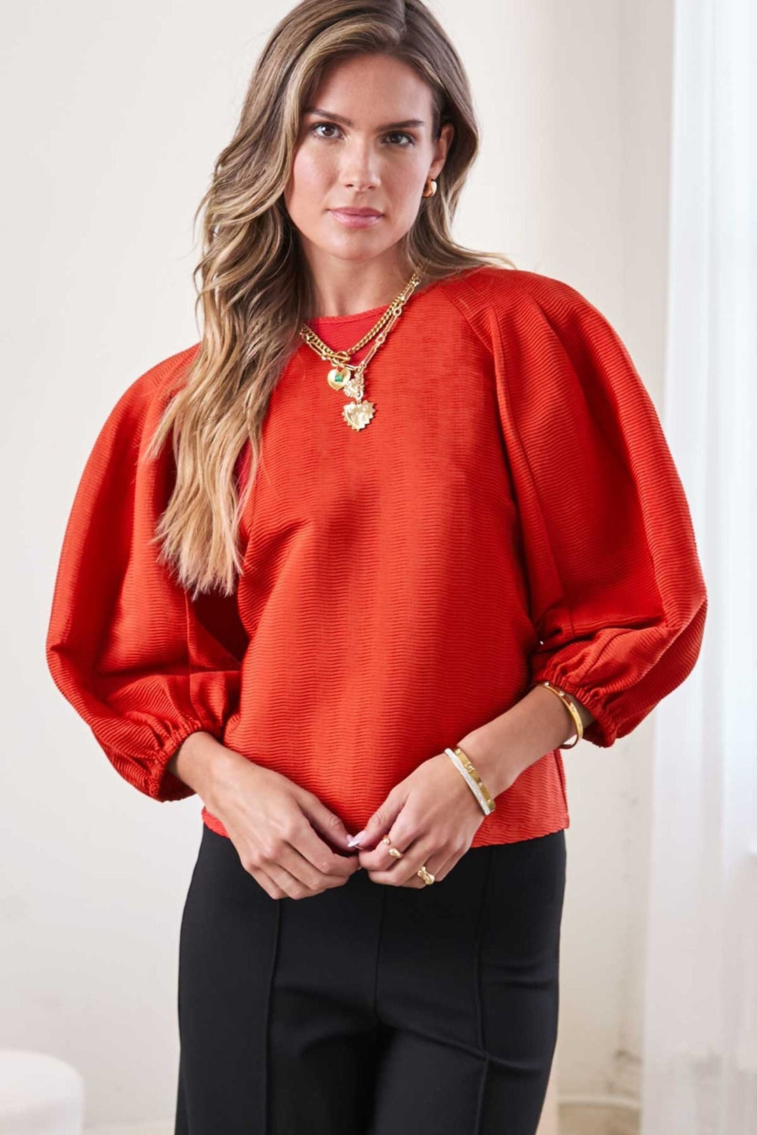 Current Air Round Neck Blouse - Capri by Sunset & Co.