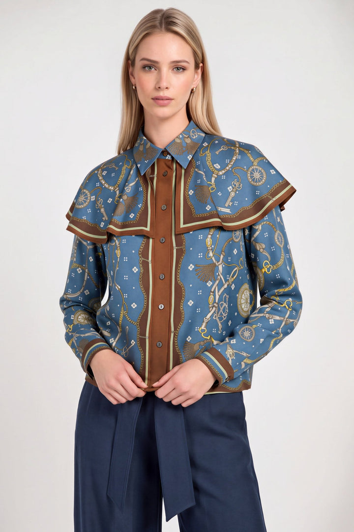 Current Air Satin Cape Button Down Blouse - Capri by Sunset & Co.