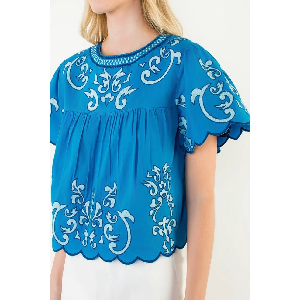Scalloped Short Sleeve Embroidered Top - Capri by Sunset & Co.