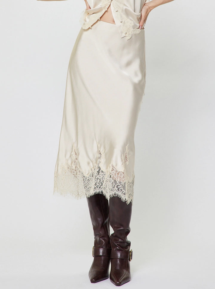 Current Air Lace Hem Satin Skirt
