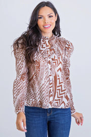 Geo Tribal Button Top - Brown