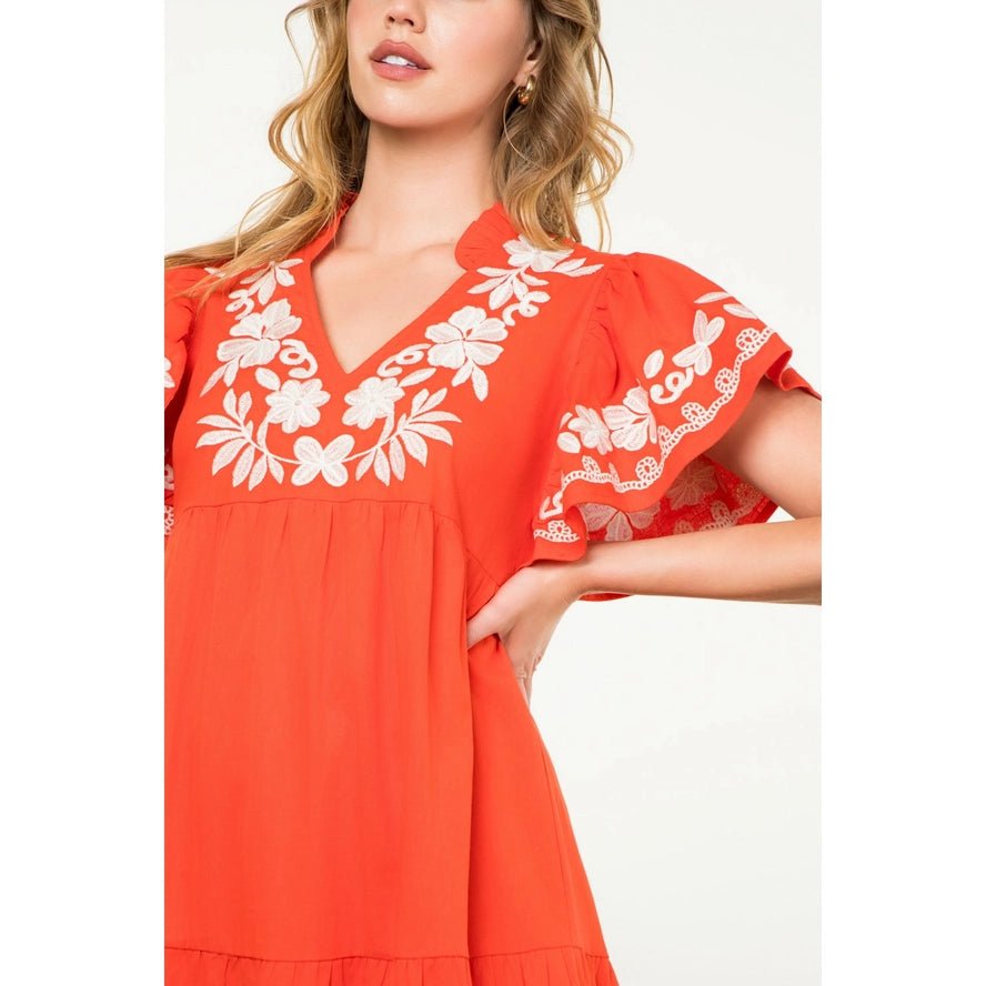 THML Flutter Sleeve Embroidered Dress - Capri by Sunset & Co.