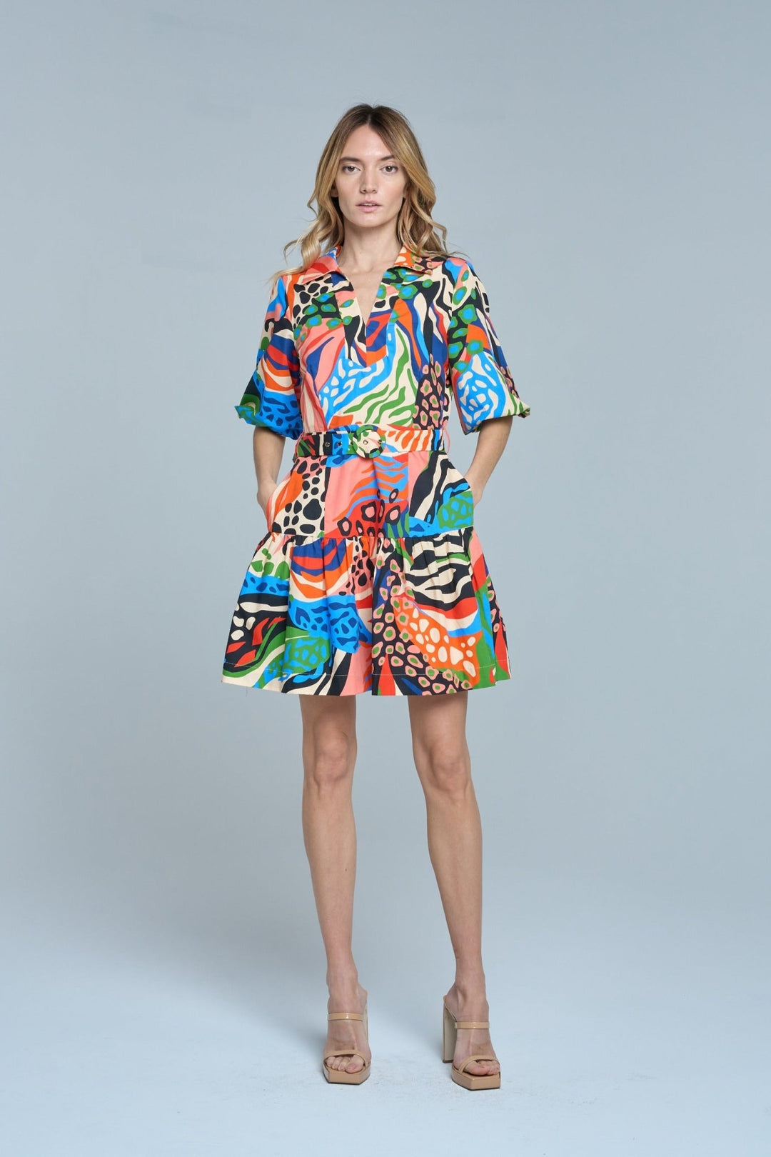 CIEBON Azula Printed Bubble Sleeve Mini Dress - Capri by Sunset & Co.
