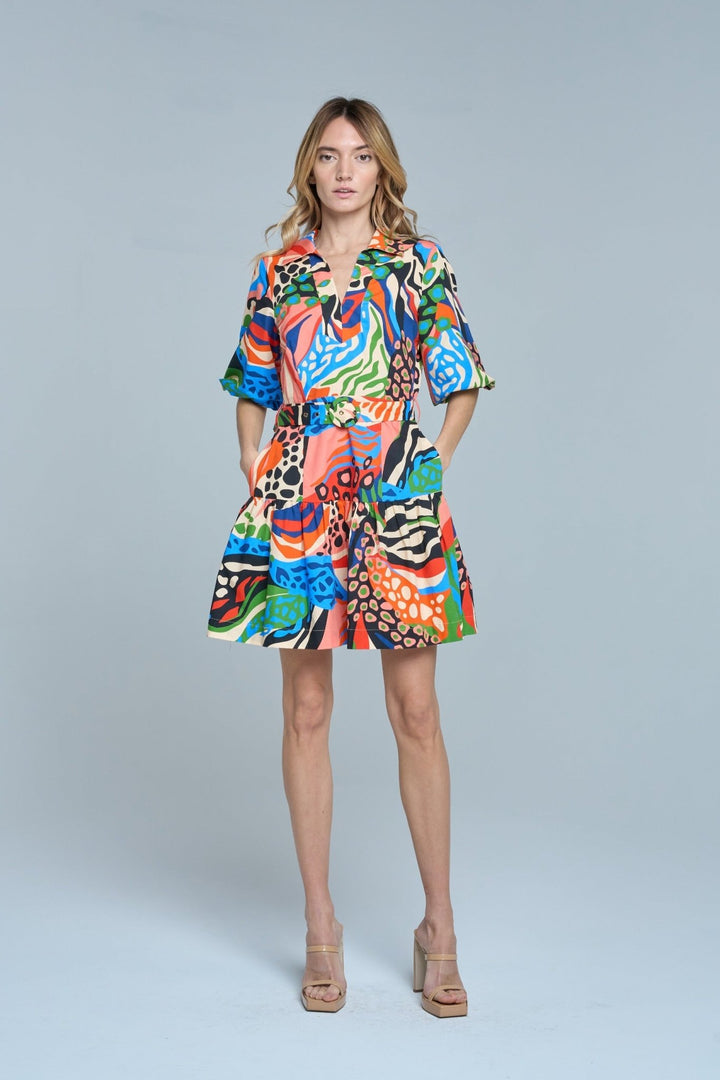 CIEBON Azula Printed Bubble Sleeve Mini Dress - Capri by Sunset & Co.