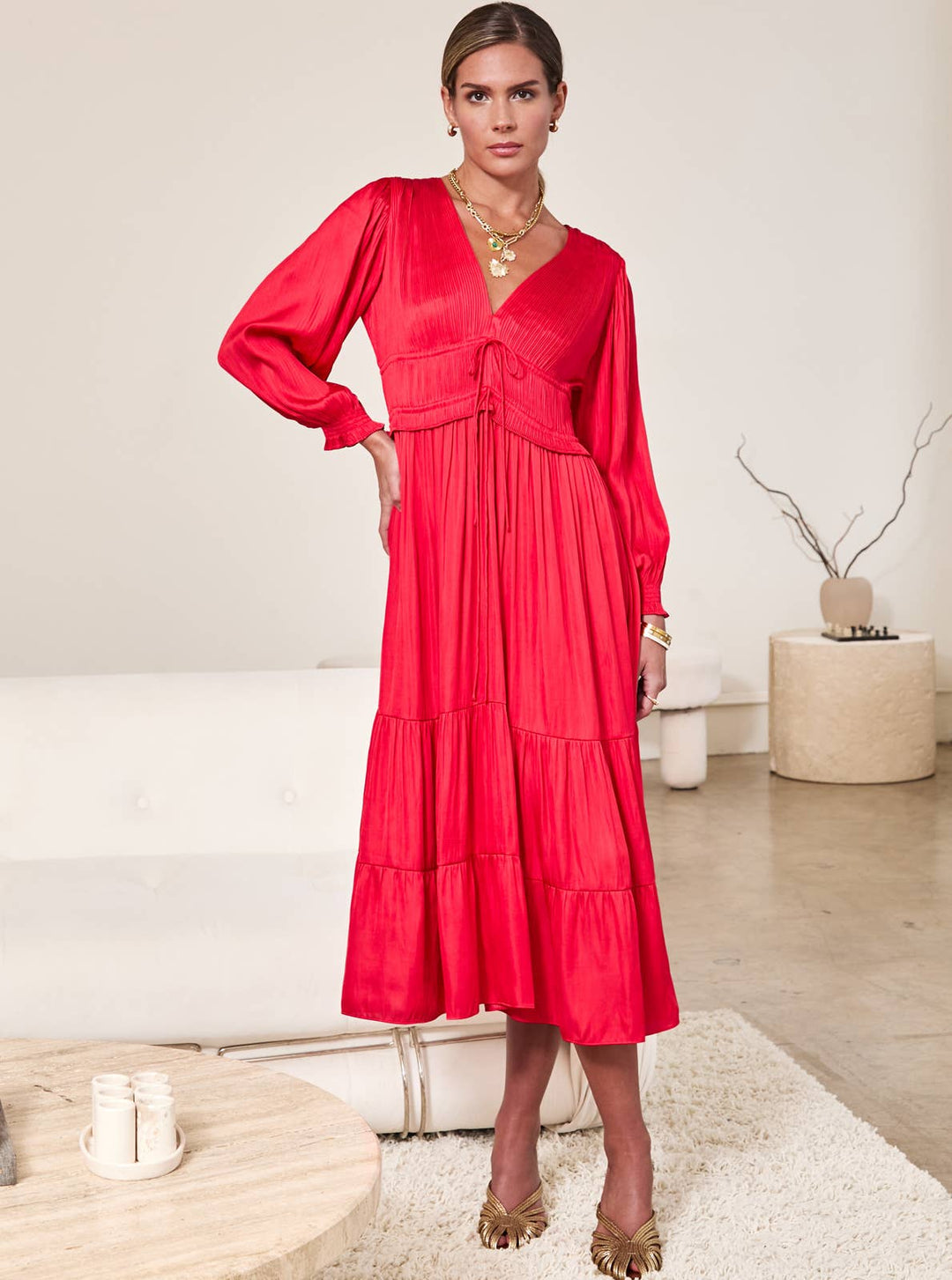 Current Air V - Neck Pleated Tiered Midi Dress - Capri by Sunset & Co.