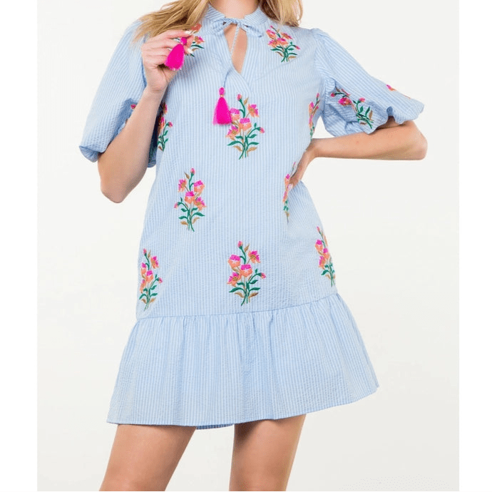 THML Puff Sleeve Embroidered Dress - Capri by Sunset & Co.