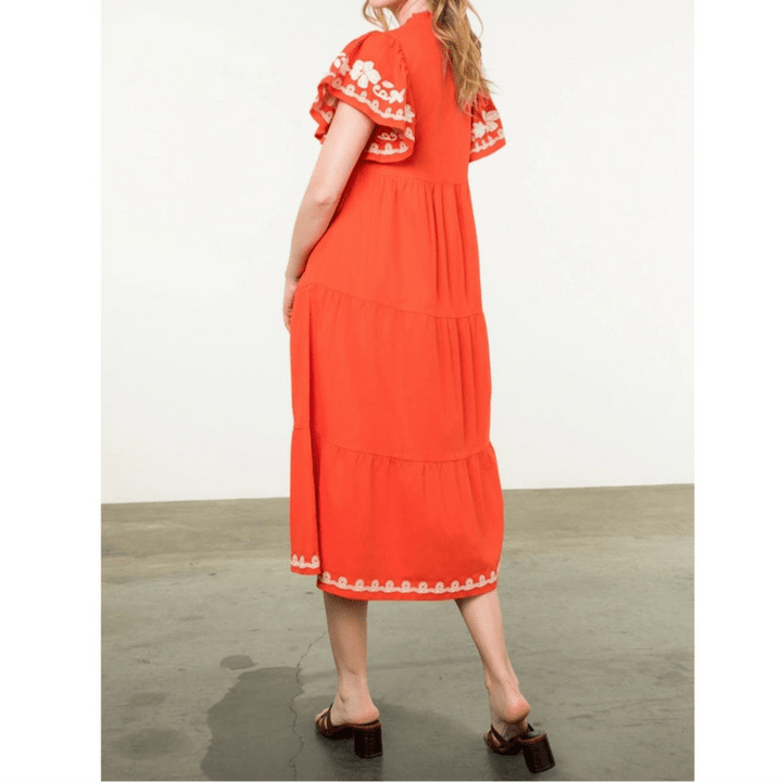 THML Flutter Sleeve Embroidered Dress - Capri by Sunset & Co.