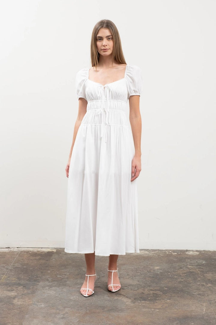 Moon River Puff Sleeve Tiered Midi Dress - Capri by Sunset & Co.