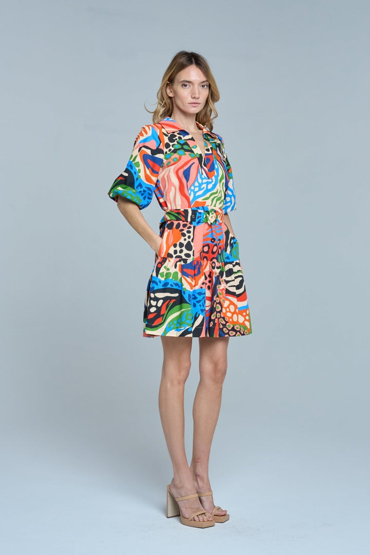 CIEBON Azula Printed Bubble Sleeve Mini Dress - Capri by Sunset & Co.