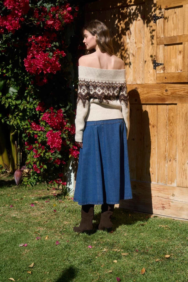 Moon River Button Down Denim Midi Skirt