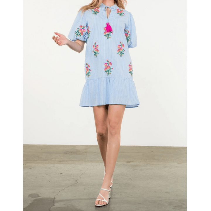 THML Puff Sleeve Embroidered Dress - Capri by Sunset & Co.