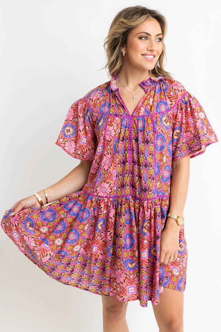 Karlie Kaleidoscope Vneck Tier Dress - Capri by Sunset & Co.