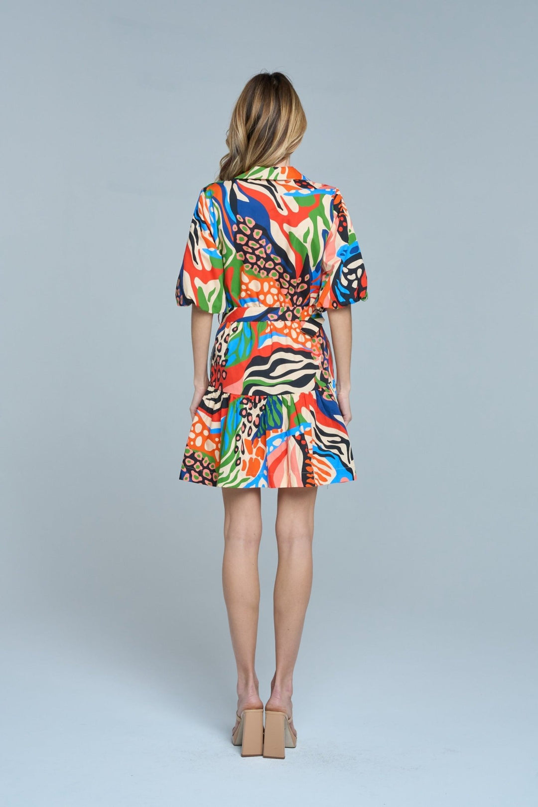 CIEBON Azula Printed Bubble Sleeve Mini Dress - Capri by Sunset & Co.