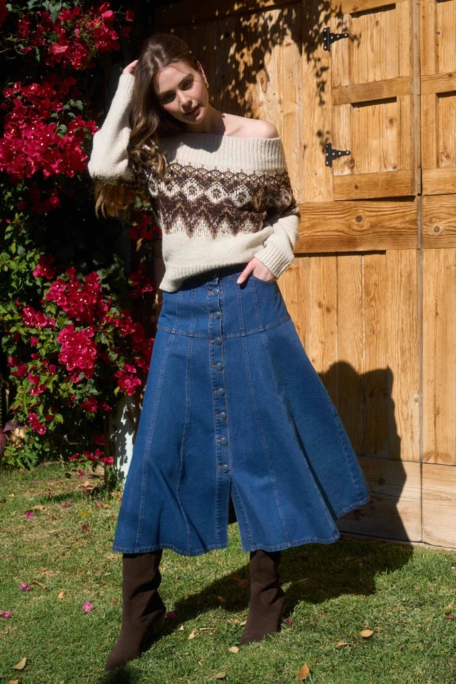 Moon River Button Down Denim Midi Skirt