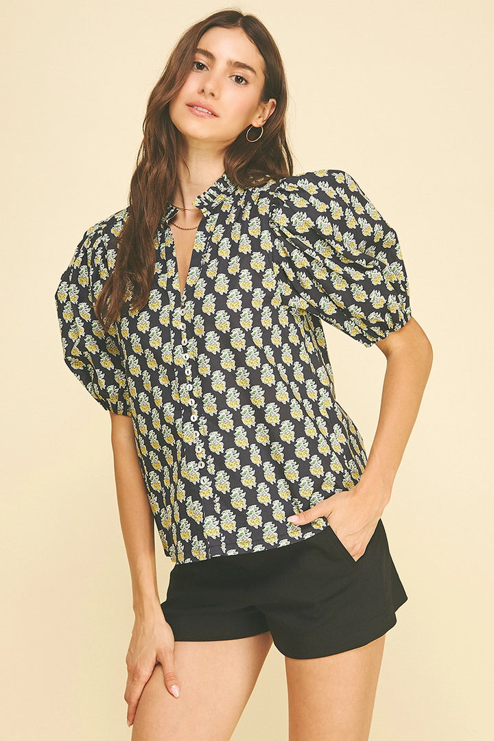 Pinch Floral V - Neck Blouse