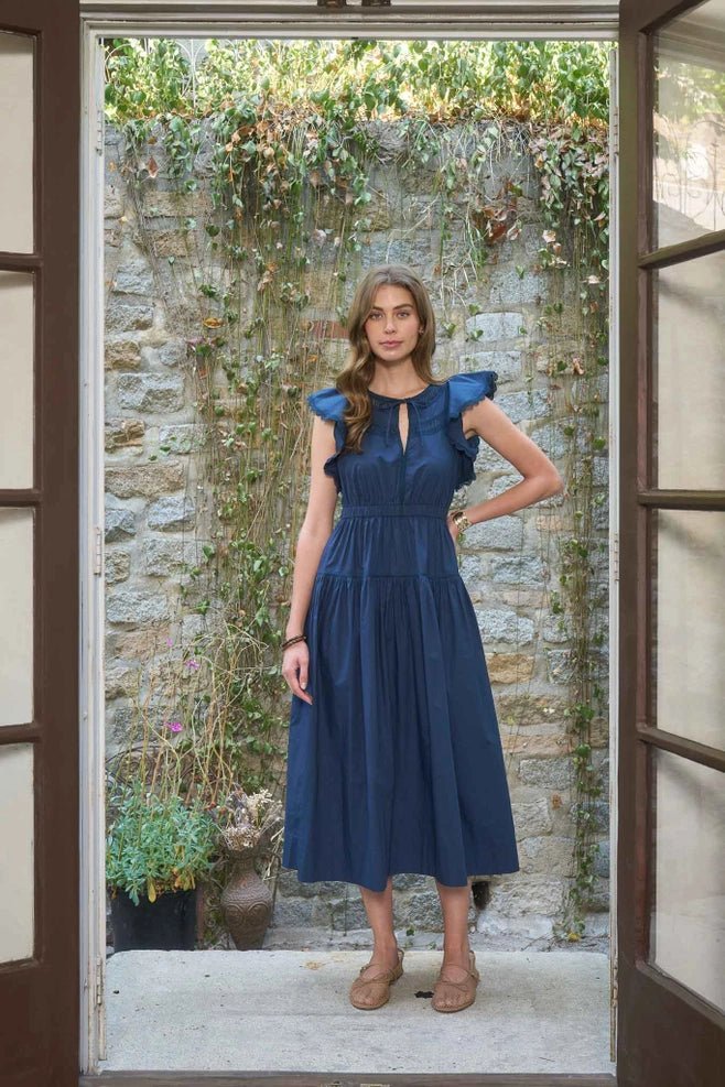 Moon River Short Ruffle Sleeve Lace Trim Midi Dress - Capri by Sunset & Co.