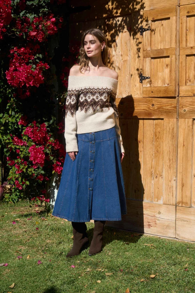 Moon River Button Down Denim Midi Skirt