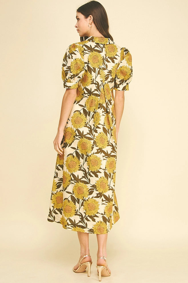 Pinch Golden Sunflower Puff Sleeve Midi Dress