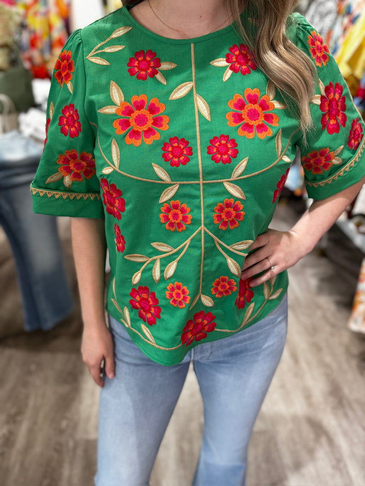 Short Sleeve Embroidered Top - Capri by Sunset & Co.