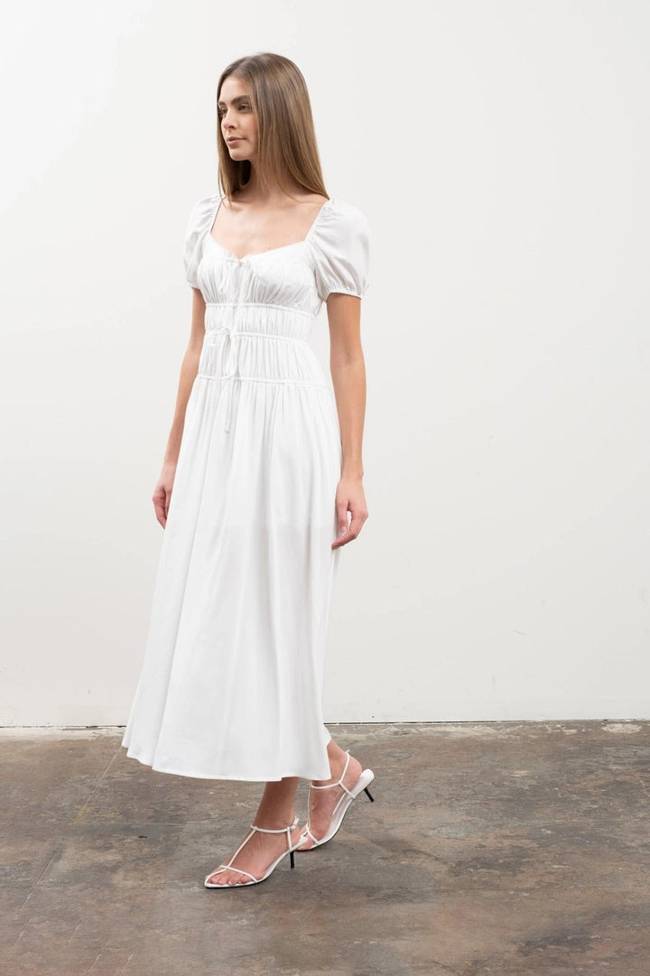 Moon River Puff Sleeve Tiered Midi Dress - Capri by Sunset & Co.