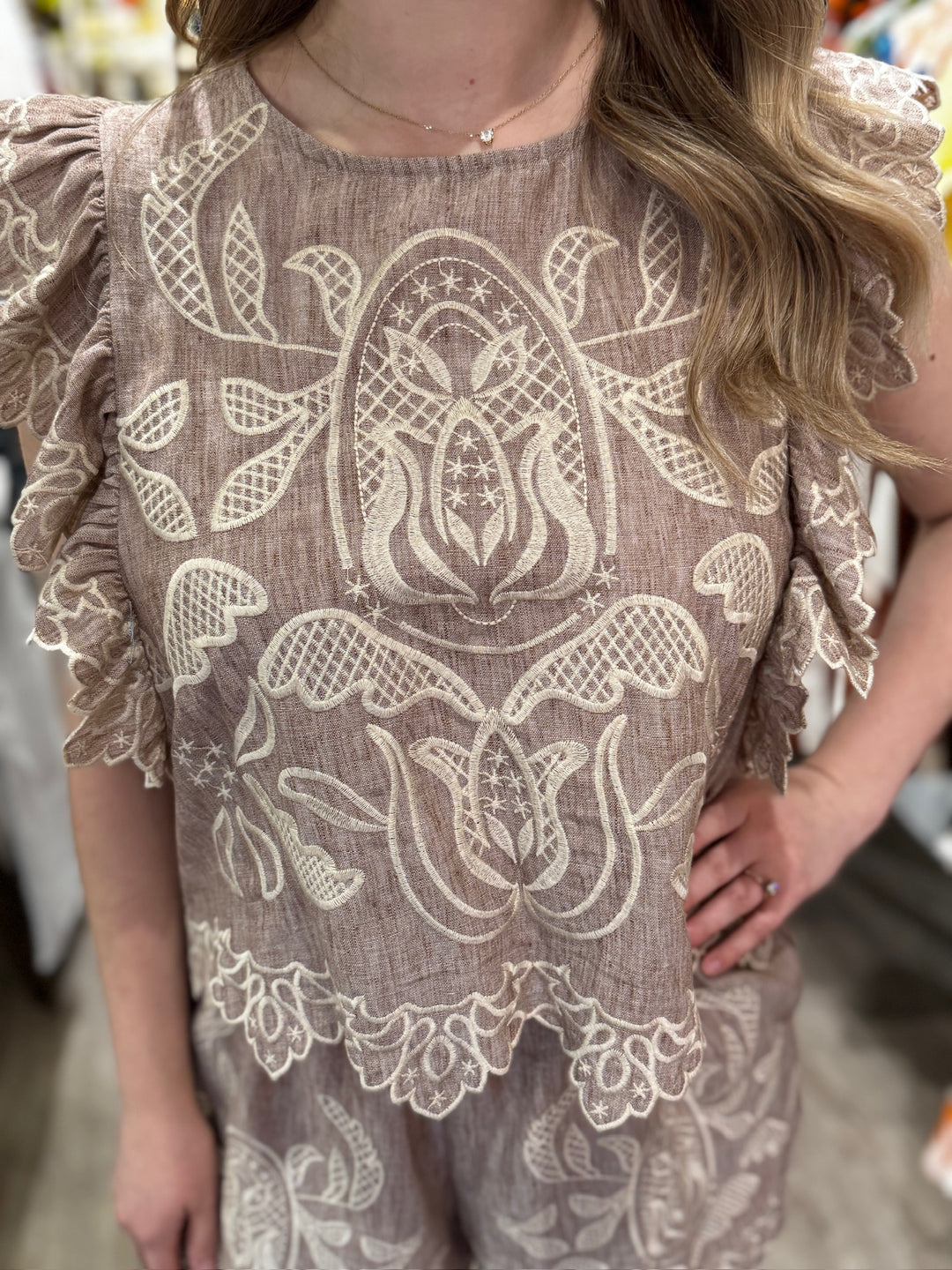 Flutter Sleeve Embroidery Detail Top - Capri by Sunset & Co.