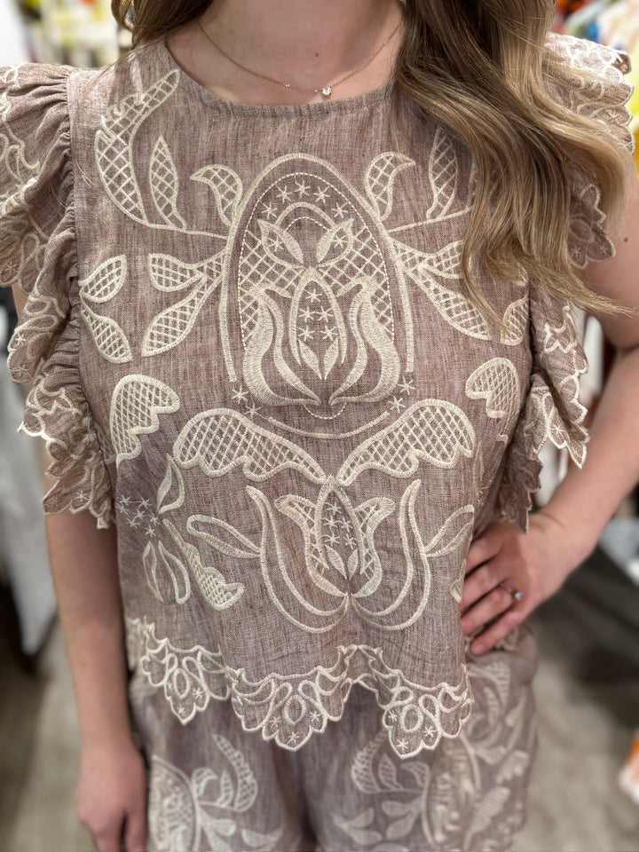 Flutter Sleeve Embroidery Detail Top - Capri by Sunset & Co.