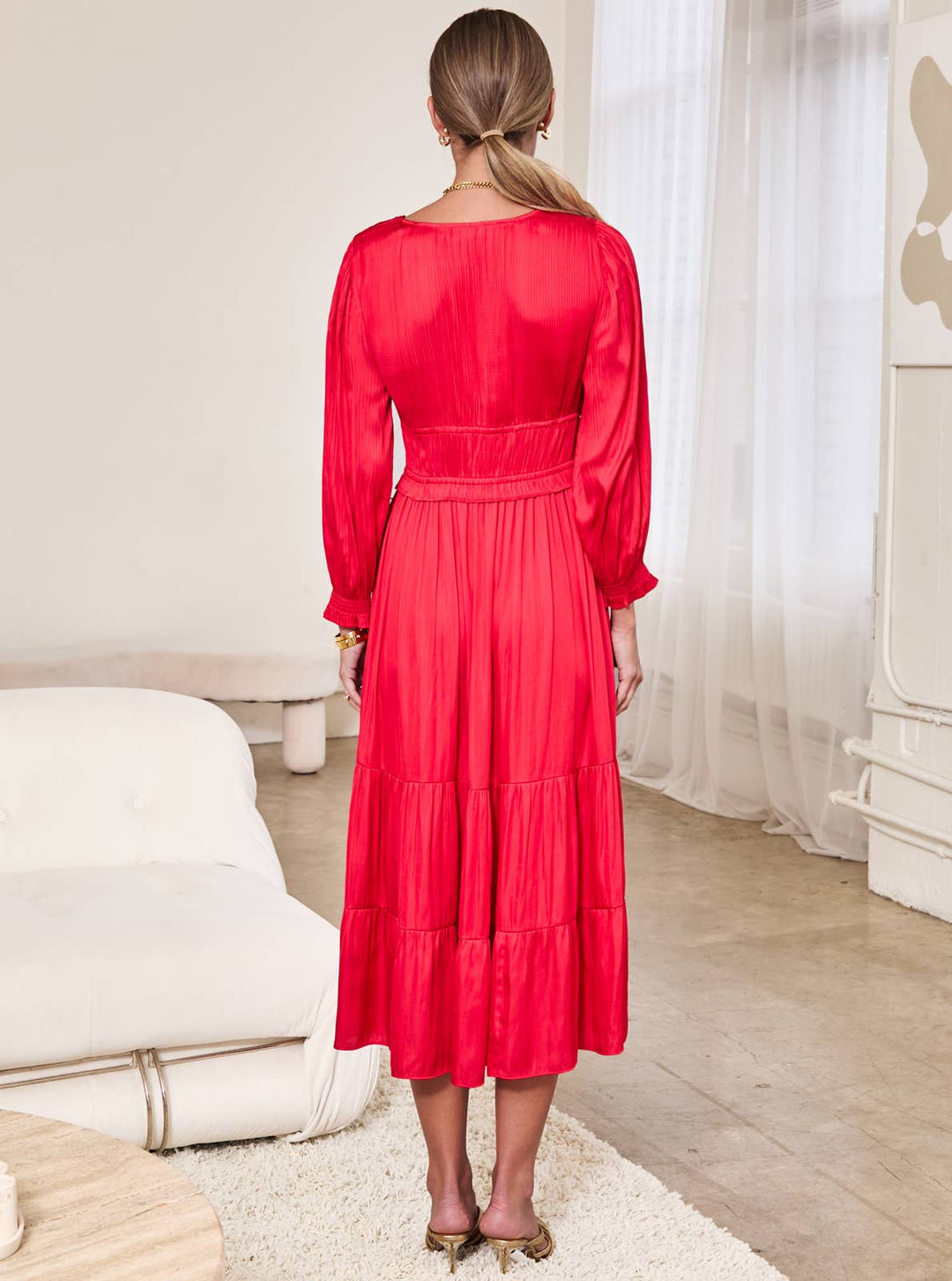 Current Air V - Neck Pleated Tiered Midi Dress - Capri by Sunset & Co.